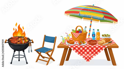 Cartoon Picnic Scene with Barbecue Grill, Table Laden with Food and Drinks, Beach Umbrella, and Folding Chair, Flat Vector Illustration
