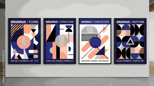 Set of Four Bauhaus Style Abstract Geometric Posters Featuring Circles, Triangles, and Lines in Blue, Peach, and Grey, Modern Graphic Design Art