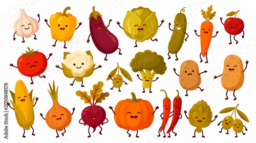 Flat Illustration of Happy Anthropomorphic Vegetables and Fruits Dancing, Cartoon Style