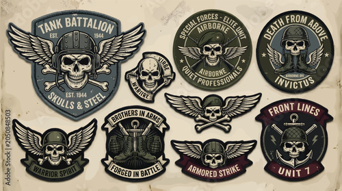 Foto Collection of Vintage Military Skull Emblems and Patches, Featuring Winged Skull