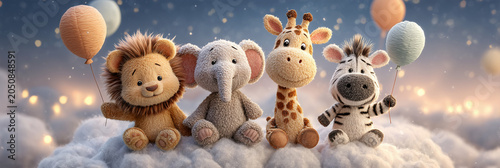 A Group of Adorable Stuffed Animal Friends, Lion, Elephant, Giraffe, and Zebra, Floating on a Cloud Dreamy Kids Bedroom Wallpaper Design. Perfect For Calming Nursery Decor. Generative Ai.