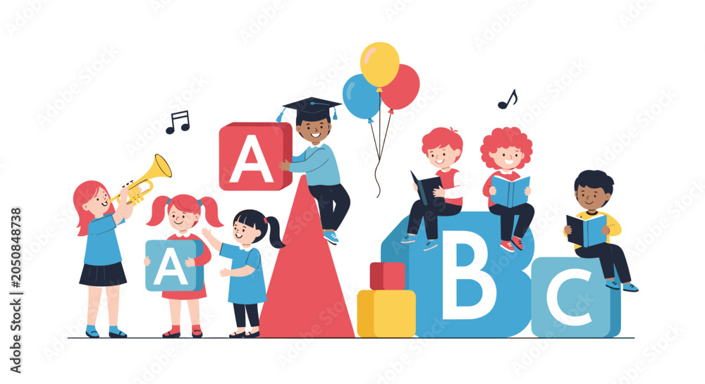 Fototapeta premium Diverse group of children playing and learning with large alphabet blocks, books, balloons, and musical instruments.