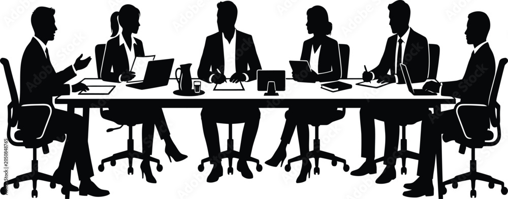 Fototapeta premium Silhouette of executive business team discussing project strategy during corporate board meeting around table with laptops in office conference room