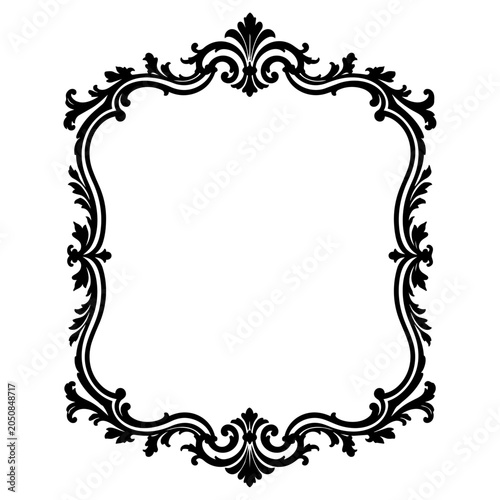 Frame border features an elegant black floral scroll design with intricate curves that provide a sophisticated aesthetic for decorative graphic projects.