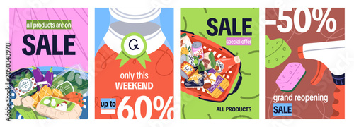 Supermarket sale posters set with shopping baskets. Special offer and discoun...