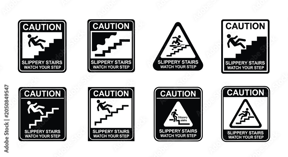 Obraz premium Caution Signs Featuring Slippery Surfaces Vector Illustrations On White Background