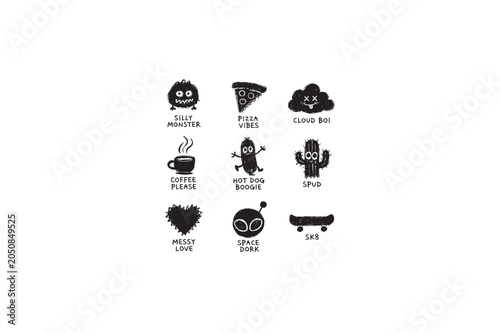 Paper cut-out style, scribble shapes collection. Grunge, funky sticker designs for a scrapbook. Black vector silhouette illustration, isolated on a clean white background.