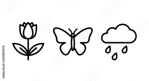 Bild auf Leinwand Floral butterfly and rain cloud line icons on a white background