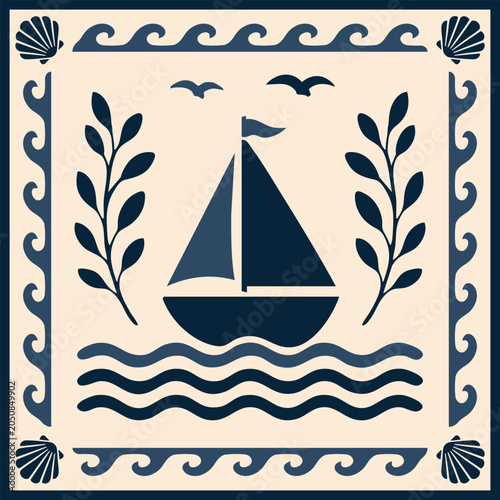 Nautical Folk Art Illustration With Sailboat Ocean Waves Seabirds Shell Frame And Coastal Decorative Elements