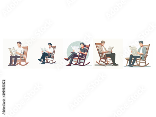 Men Reading Newspapers in Rocking Chairs at Home, Lifestyle Illustration, Cozy Environment, Calm Viewpoint