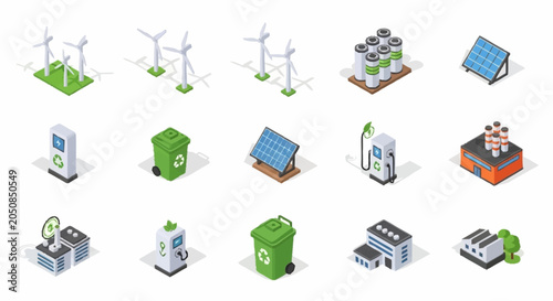 Foto Collection of isometric icons representing renewable energy sources and sustainable technologies for a greener future