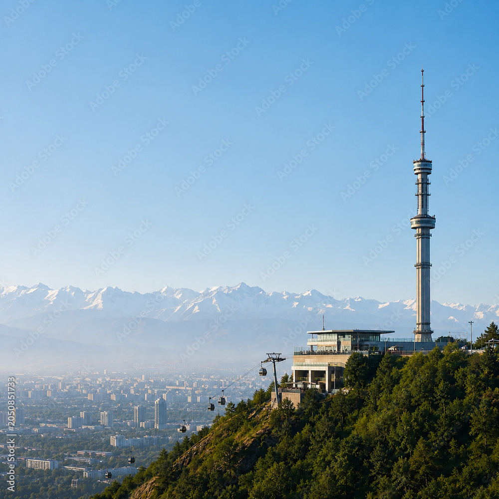 Obraz premium Scenic View of Almaty City with Kok Tobe TV Tower, Cable Cars, and Snow-Capped Trans-Ili Alatau Mountains under Clear Blue Sky in Kazakhstan