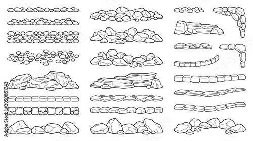 Black and white illustration of various rock and stone shapes and lines