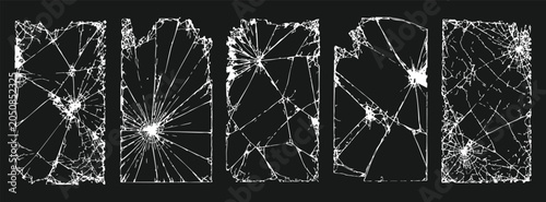 Schilderij op canvas Collection of realistic broken glass screen overlays with various crack patterns, isolated on black background for digital design and photo editing