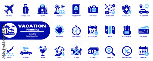 Vacation planning flat vector icons set. Featuring Plane, luggage, hotel, beach, passport, camera, map, and more.