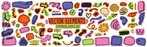 Photography Collection of hand-drawn scrapbook doodle elements including arrows, speech bubbles, frames, stars, and various decorative shapes on a white background
