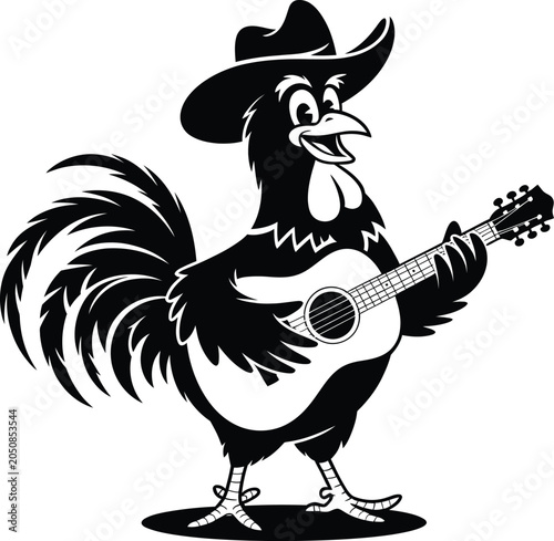 Cowboy Rooster Playing Guitar, Stylish Western Farm Bird Musician Character Illustration Isolated on White Background

