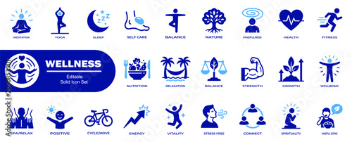 Wellness and holistic health icon set. Featuring self-care, yoga, meditation, mindfulness, and healthy lifestyle balance activities.