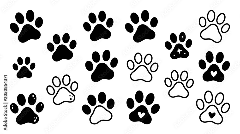 Fototapeta premium Cute Paw Print Collection: Black and White Animal Footprints for Design