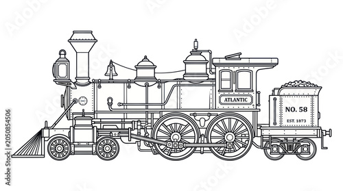 Foto Vintage Steam Locomotive, Retro Train Illustration, Black and White Line Art