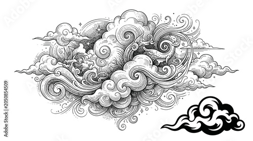 Whimsical Cloud Illustration with Swirls and Stars - Vintage Sketch Style
