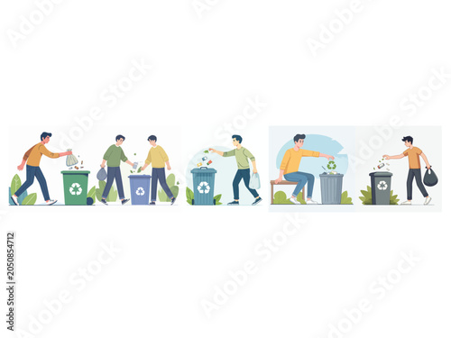 Participants Engaging in Waste Management Practices, Urban Setting, Illustration, Eco-Friendly Environment