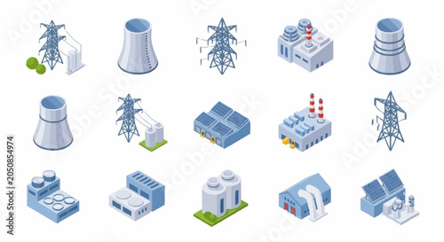 Photos Collection of isometric industrial power generation and energy infrastructure icons