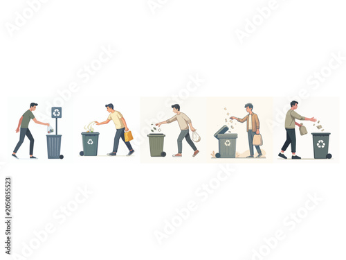 Men Disposing Trash in Recycling Bins in Urban Environment Illustrated