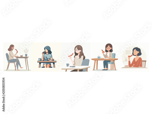 Lifestyle, Women, Eating, Café, Illustration, Cozy, Indoor Environment, Food Enjoyment Concept