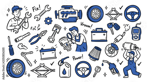 Comprehensive collection of hand-drawn car repair tools and mechanic illustrations in a doodle style on a clean white background