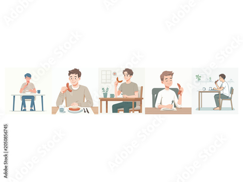 Young Man Eating and Talking on Phone at Home - Lifestyle Illustration