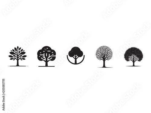 Artistic Tree Illustrations Displaying Diverse Styles and Shapes in a Minimalist Graphic Format