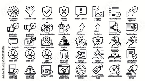 Black and white line icons depicting various content moderation concepts and actions