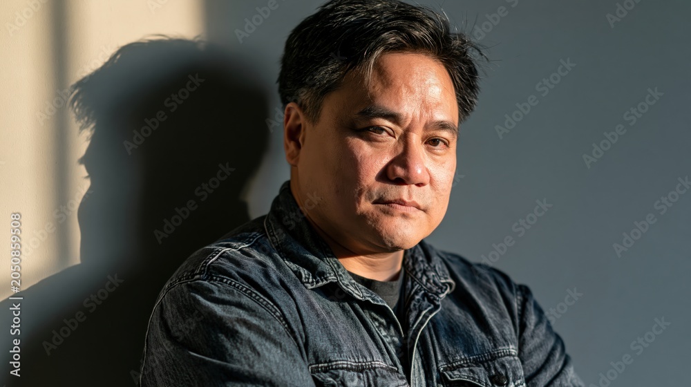 Fototapeta premium Middle Manager Burnout Aged Vietnamese Larger Body Man Worried