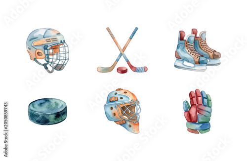 Canvas Print Watercolor ice hockey equipment and elements icons set on white background
