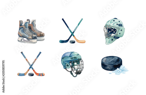 Photography Watercolor ice hockey equipment elements set isolated on white background