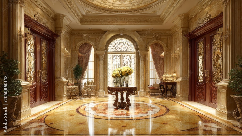 Obraz premium Elegant interior design of a luxurious foyer featuring marble floors, ornate columns, decorative plants, grand windows, and lavish furnishings in soft lighting