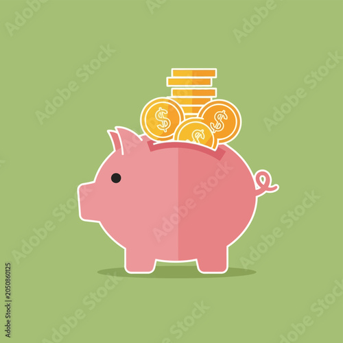 Pink piggy bank with coins on green background, flat design