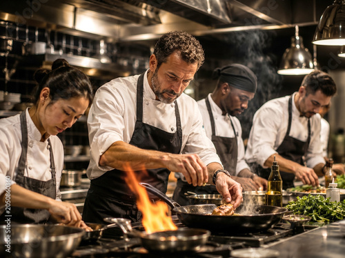 Professional team of chefs working together in a premium open restaurant kitchen during dinner service.