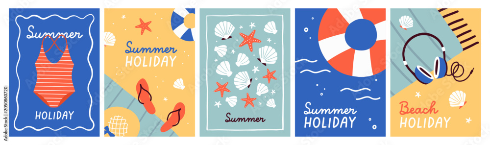 Fototapeta premium Summer holiday posters set with swimsuit, seashells, starfish, lifebuoy, flip flops on sand and headphones. Beach vacation, sea resort and travel card designs with phrases. Flat vector illustrations
