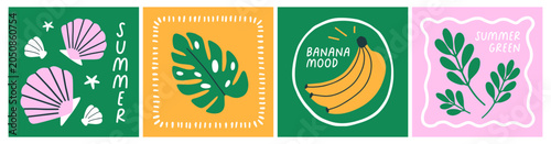 Summer tropical post cards set with seashells, monstera leaf, bananas and pla...