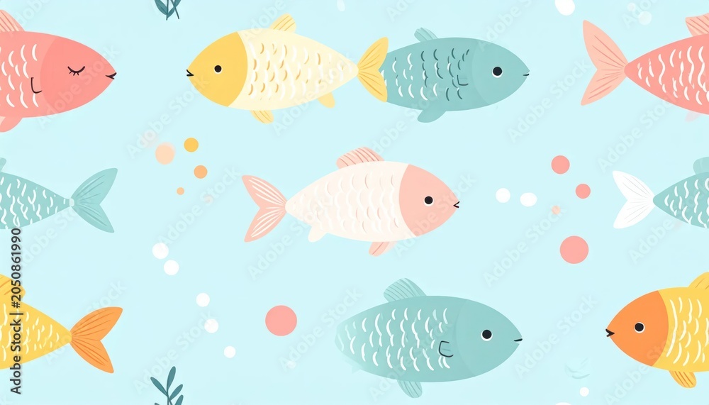 Fototapeta premium Colorful Pastel Fish Swimming in Playful Underwater Pattern