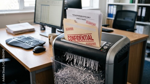 Paper shredder destroying confidential and classified folders and documents in an office, concept of data security, privacy protection, and corporate secrecy.