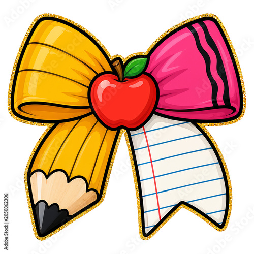 Sweet Back to School Glitter Bow with Apple and Pencil Writing Theme