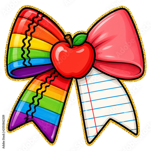 Vibrant Back to School Glitter Bow with Apple and Rainbow Stripes Pattern