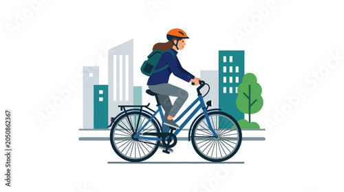 Woman cycling in city with backpack and helmet, urban transport, healthy lifestyle