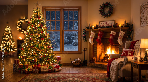 Decorated christmas tree with bright glowing lights and colorful ornaments standing next to a warm crackling fireplace inside a cozy living room during a peaceful snowy winter evening at home