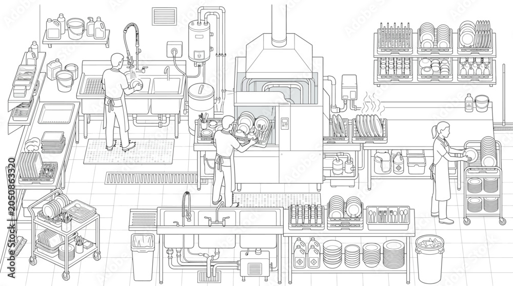 Obraz premium Commercial kitchen dishwashing area with staff cleaning and organizing plates and cutlery