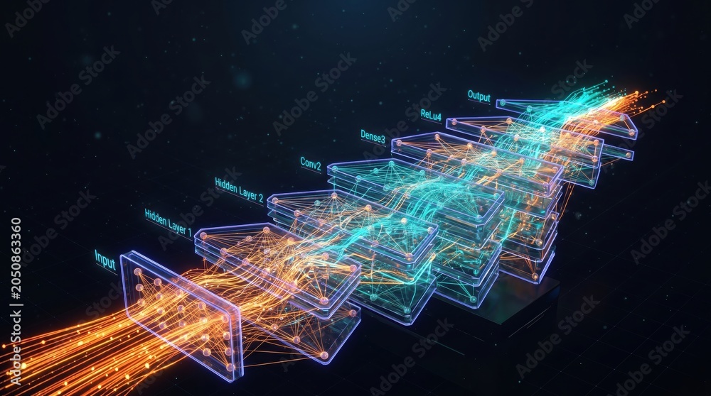 Naklejka premium Data stream visualization illustrates translucent geometric layers connected by vibrant orange and teal light trails.