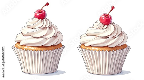 Delicate Cream Dusted Cupcake Pair with Cherry Topping